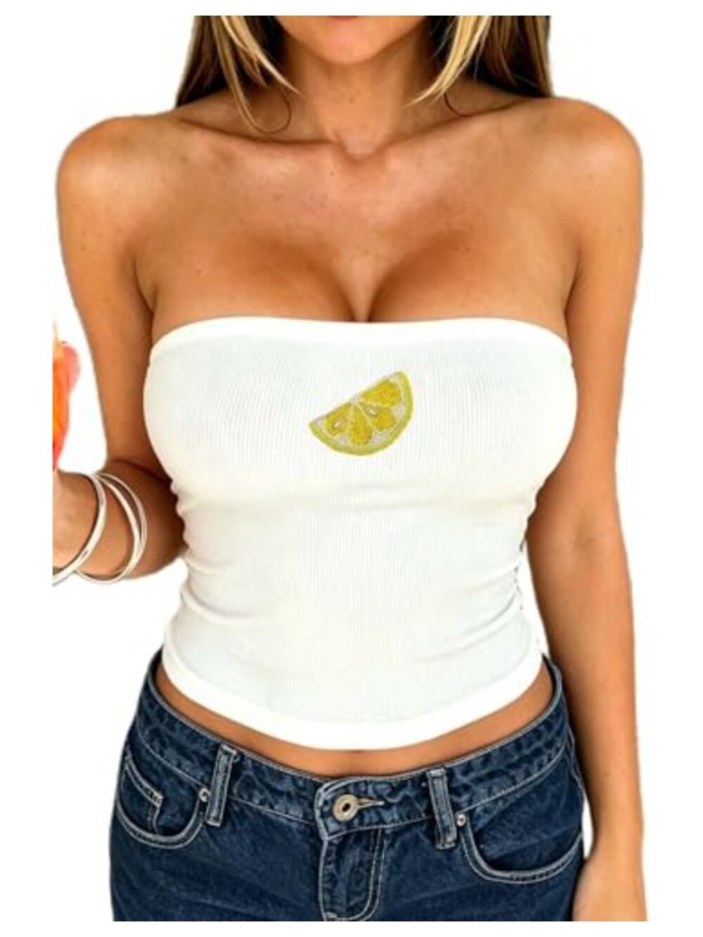 Women's Embroidered Beaded Strapless Tube Top Ribbed Knit Bandeau Tank
